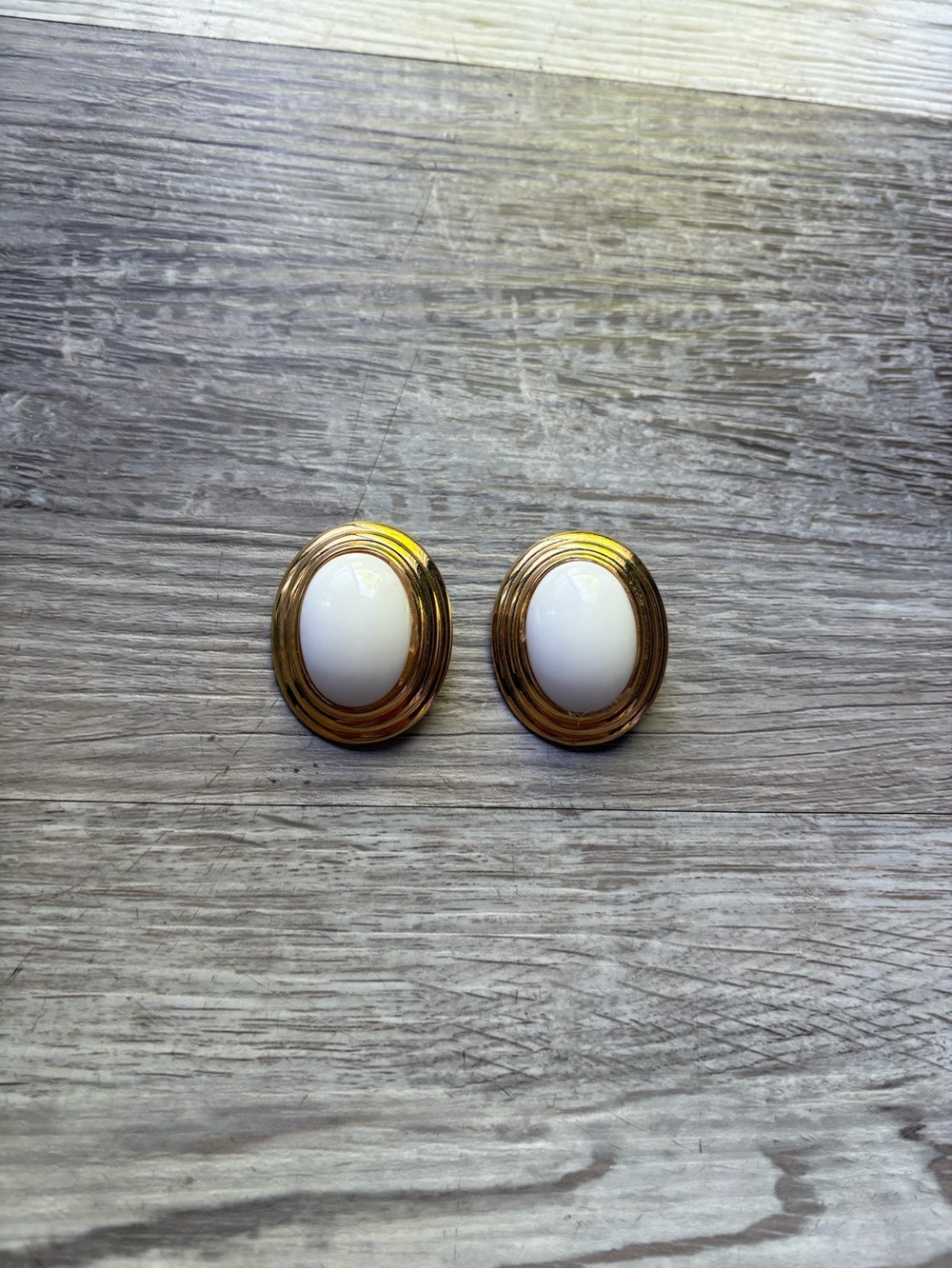 Gold Oval Clip-On Earrings with White Cabochon
